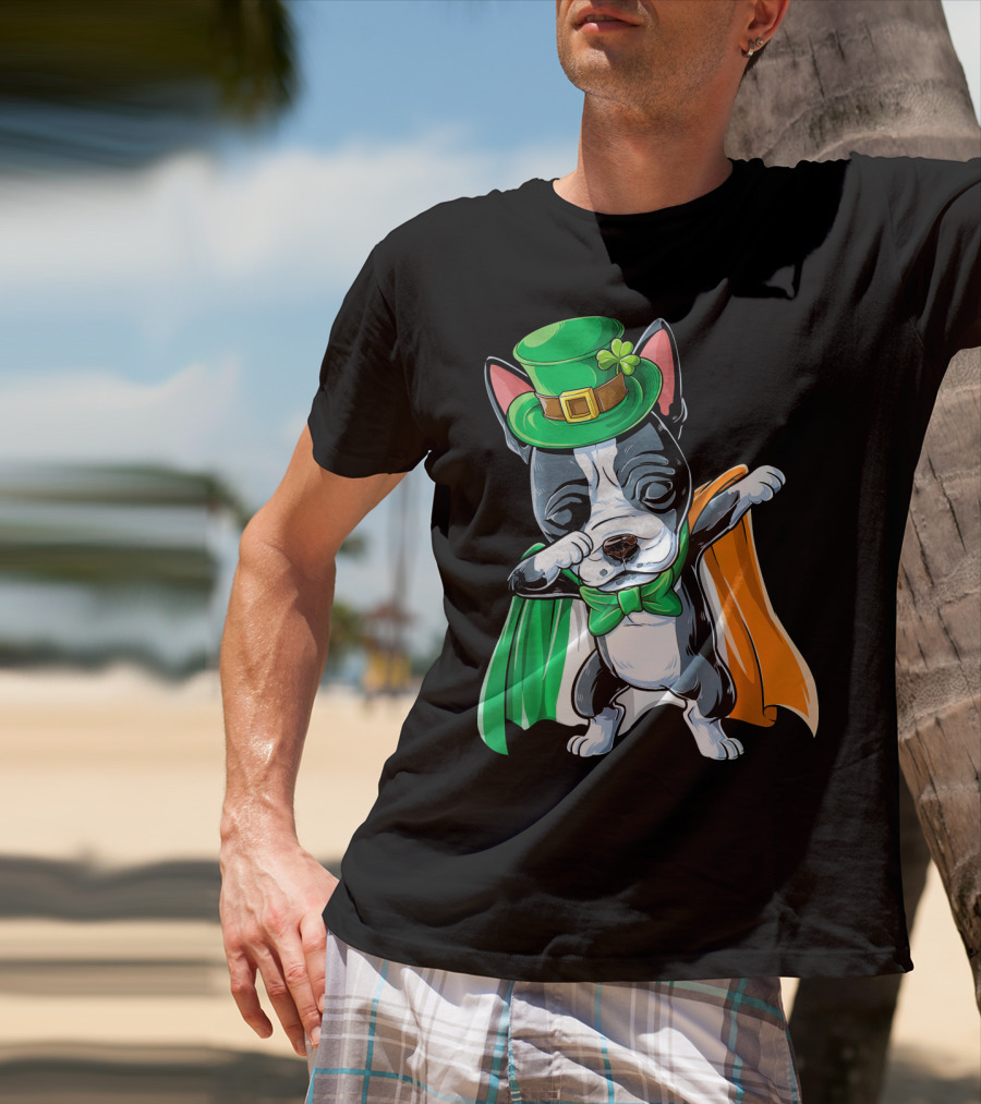Dabbing Boston Terrier St. Patrick's Day Irish Flag Cape T-Shirt