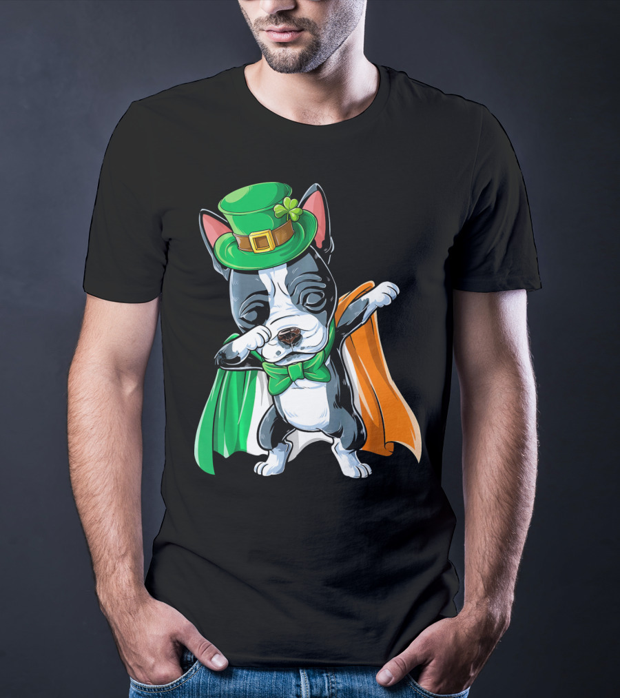 Dabbing Boston Terrier St. Patrick's Day Irish Flag Cape T-Shirt