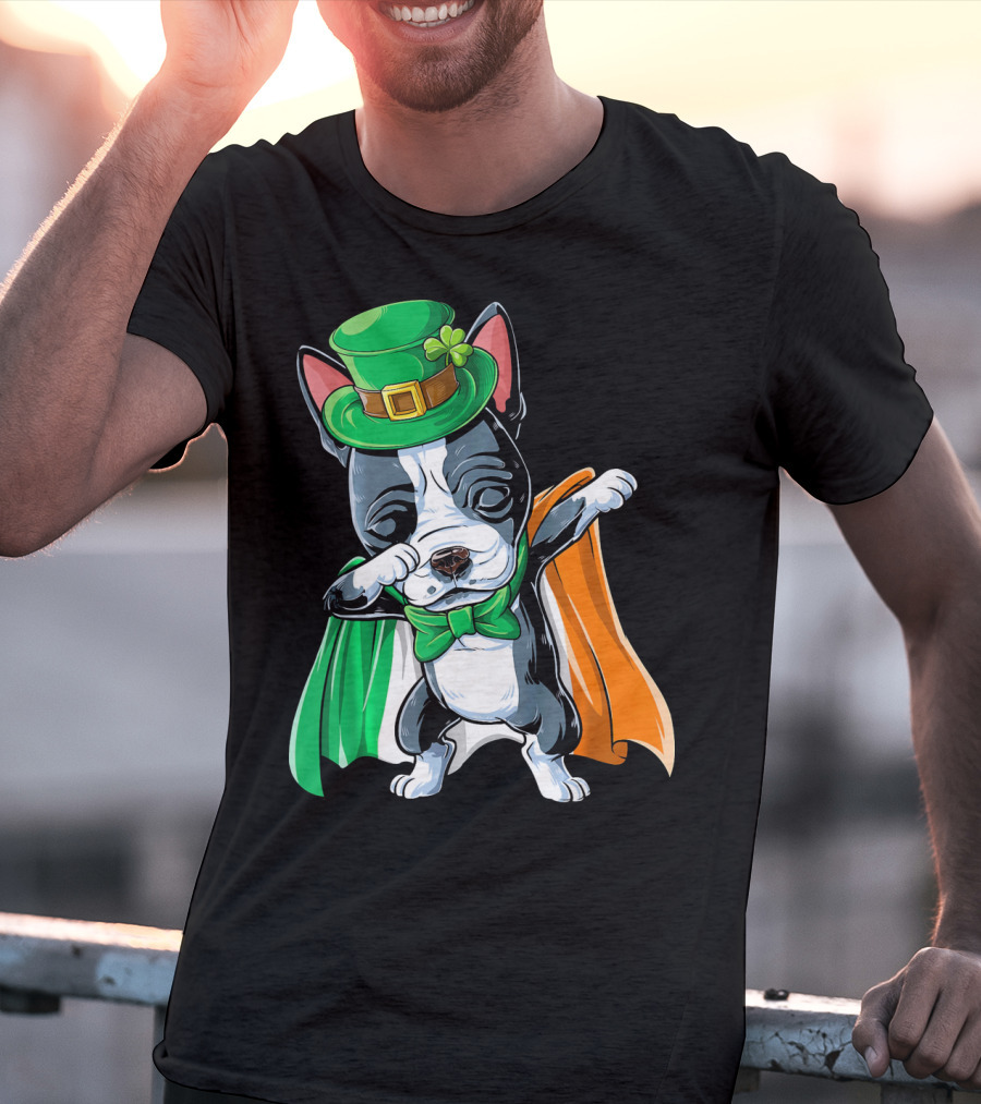 Dabbing Boston Terrier St. Patrick's Day Irish Flag Cape T-Shirt