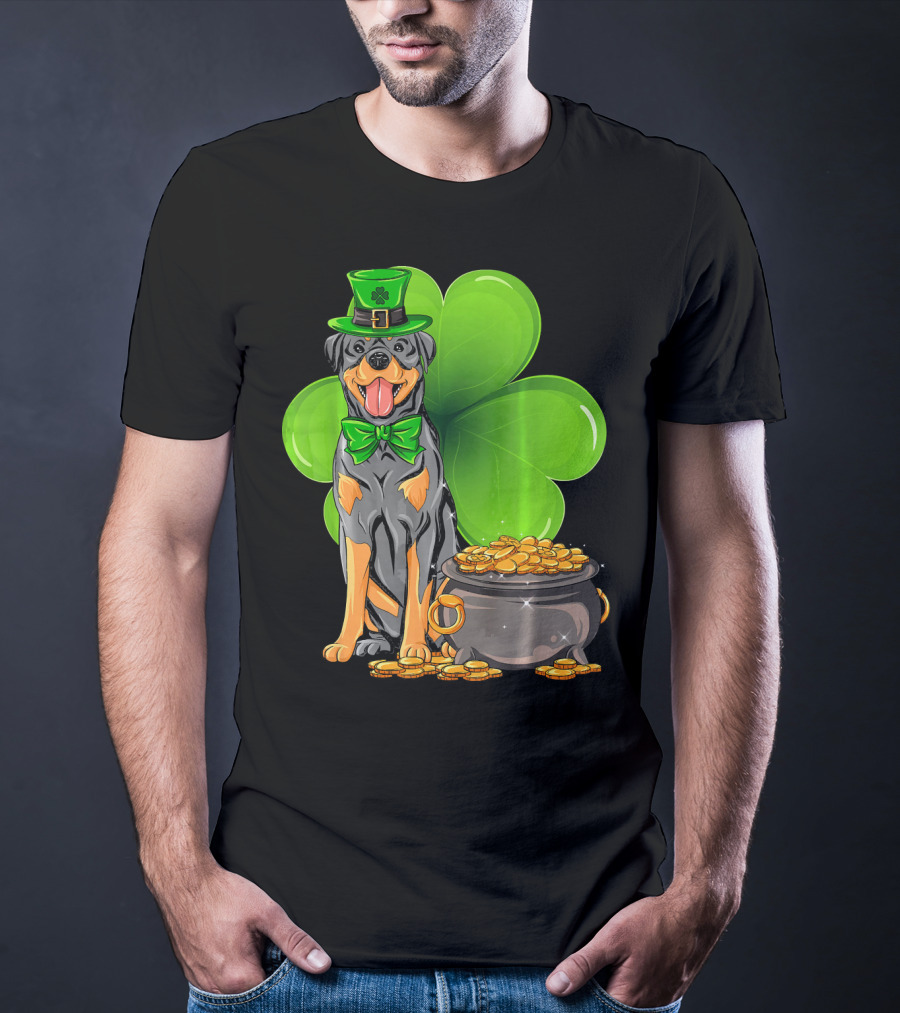Rottweiler St Patricks Day Leprechaun With Shamrock And Gold Coins T-Shirt