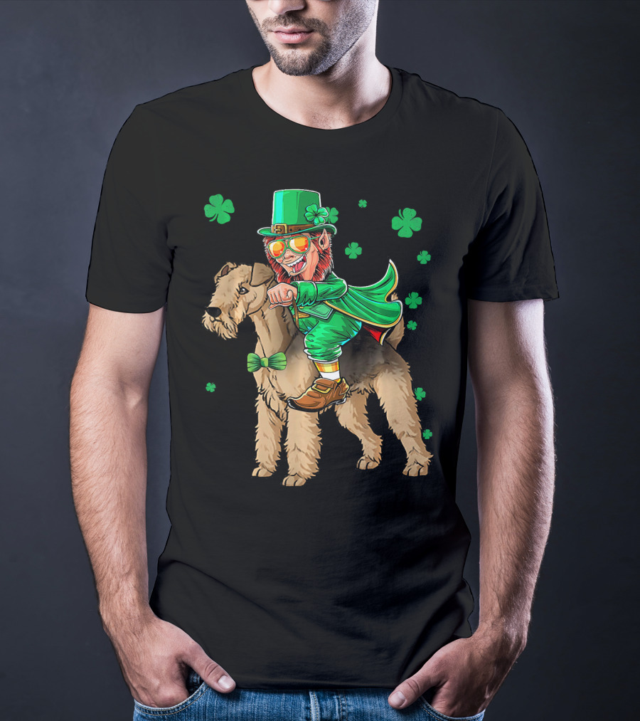 Leprechaun Lakeland Terrier Shamrock Celebration With Green Hat And Bow Tie T-Shirt
