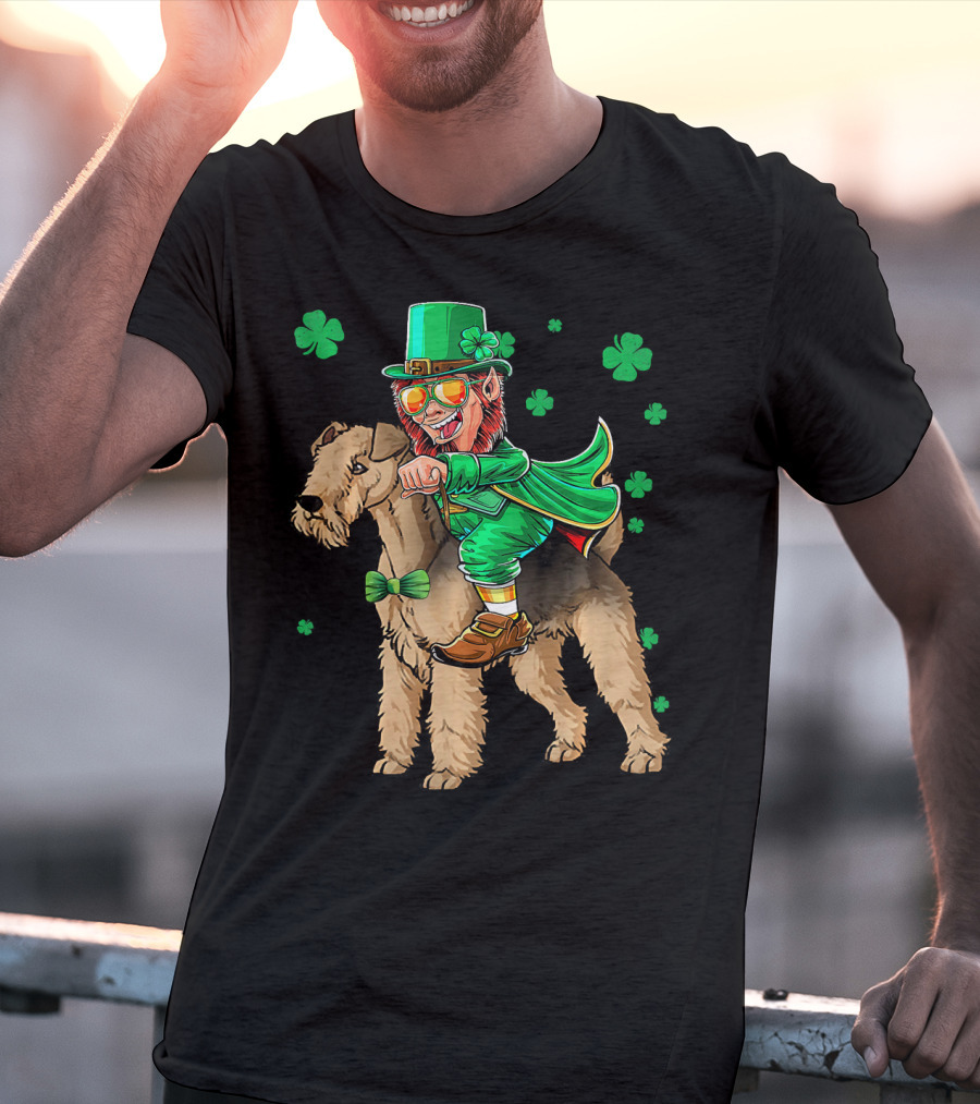 Leprechaun Lakeland Terrier Shamrock Celebration With Green Hat And Bow Tie T-Shirt
