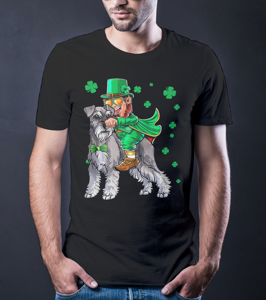 Leprechaun Riding Miniature Schnauzer With Green Shamrocks T-Shirt
