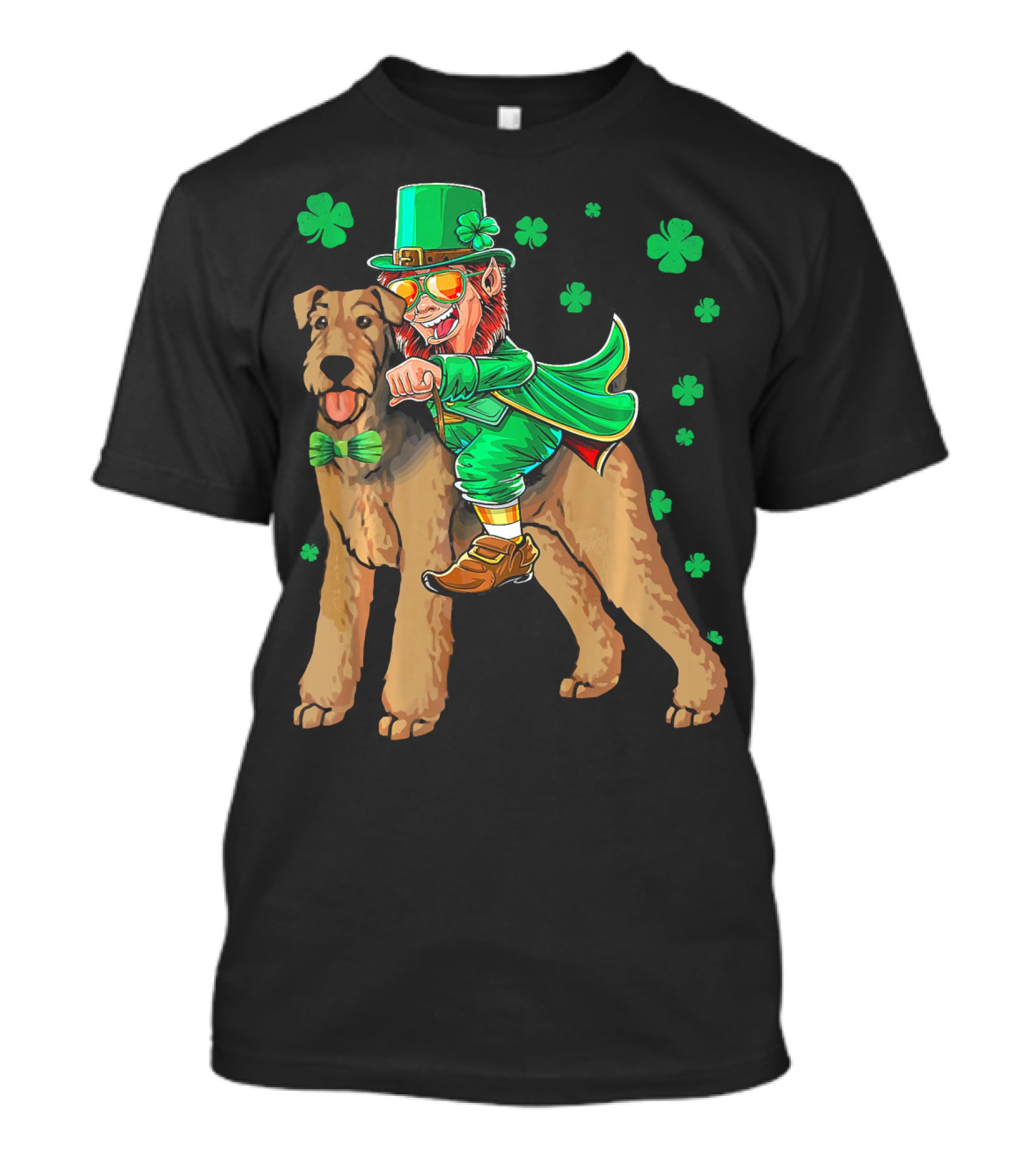 Leprechaun Riding Airedale Terrier With Shamrocks T-Shirt