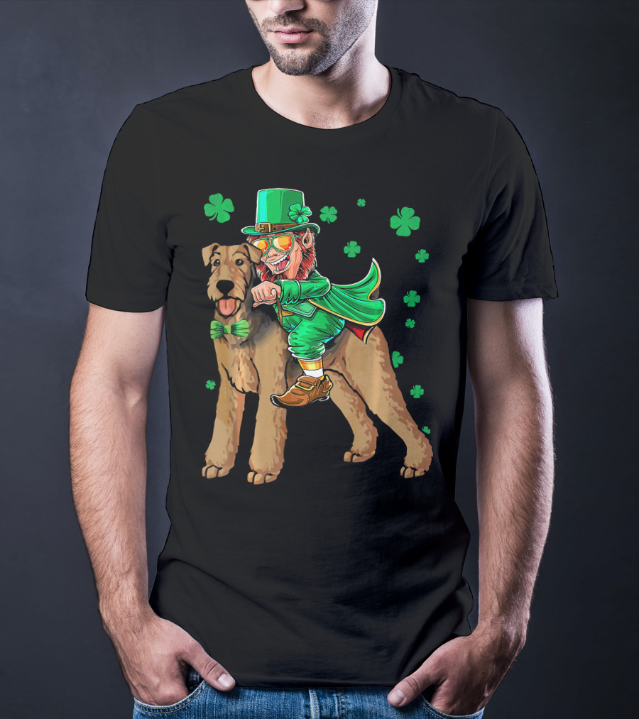 Leprechaun Riding Airedale Terrier With Shamrocks T-Shirt