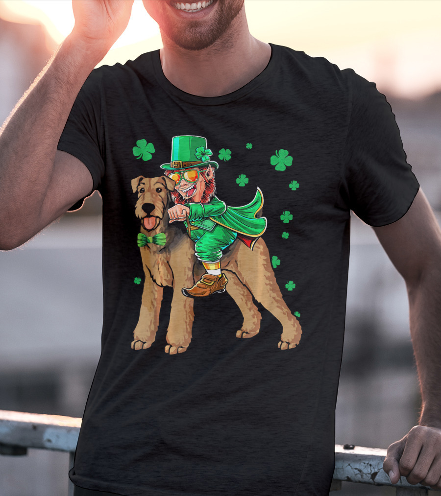 Leprechaun Riding Airedale Terrier With Shamrocks T-Shirt