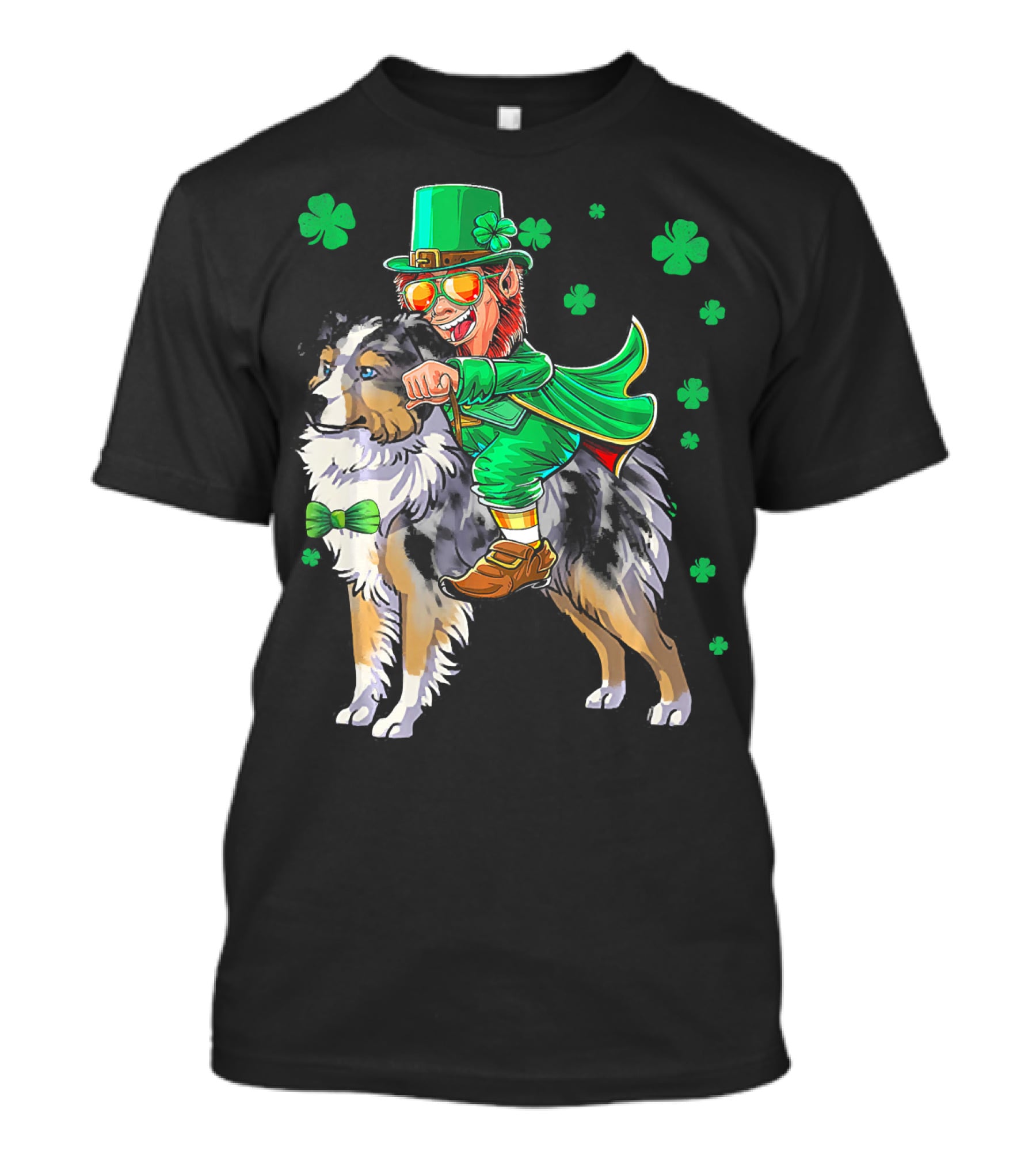 Leprechaun Riding Miniature Australian Shepherd With Shamrocks T-Shirt