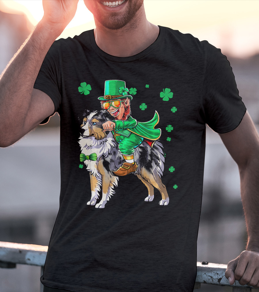 Leprechaun Riding Miniature Australian Shepherd With Shamrocks T-Shirt