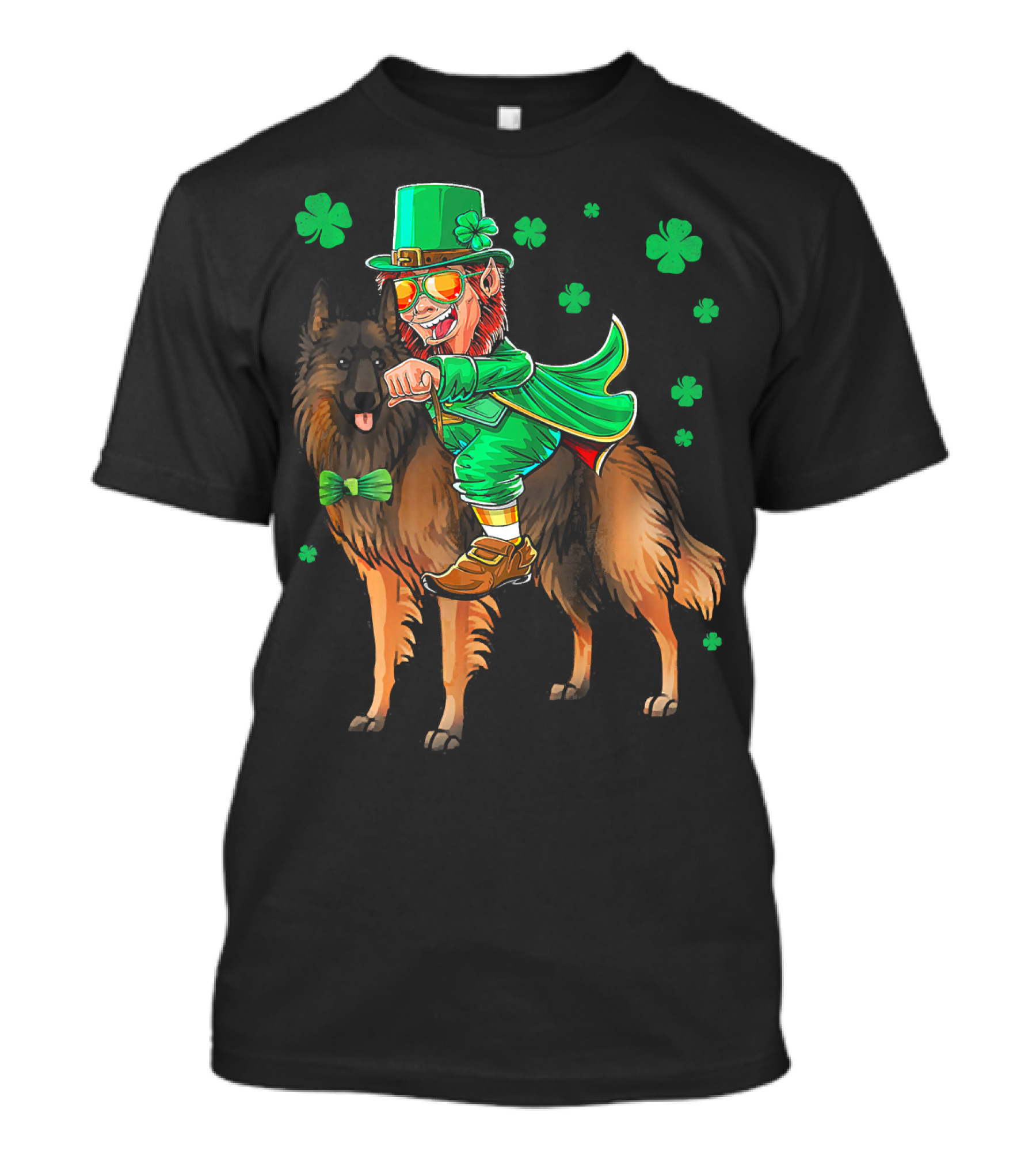 Leprechaun Riding Belgian Tervuren With Shamrock Accents T-Shirt