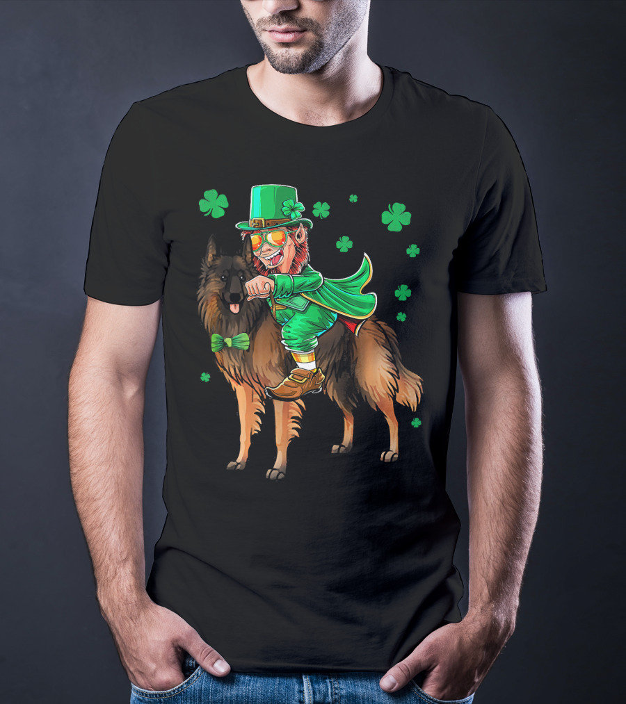 Leprechaun Riding Belgian Tervuren With Shamrock Accents T-Shirt