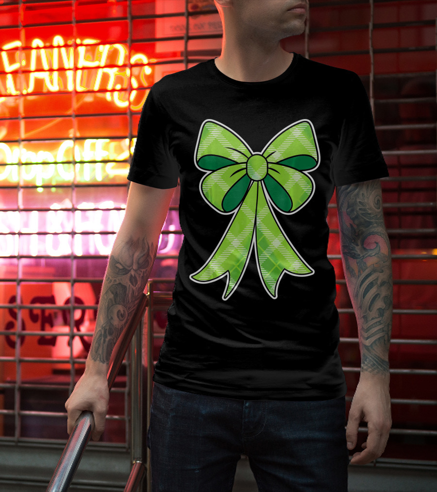 Girls St Patricks Day Green Plaid Bow T-Shirt