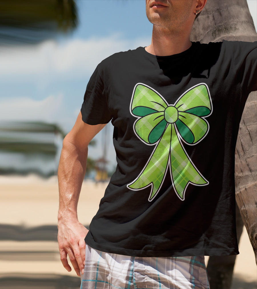 Girls St Patricks Day Green Plaid Bow T-Shirt