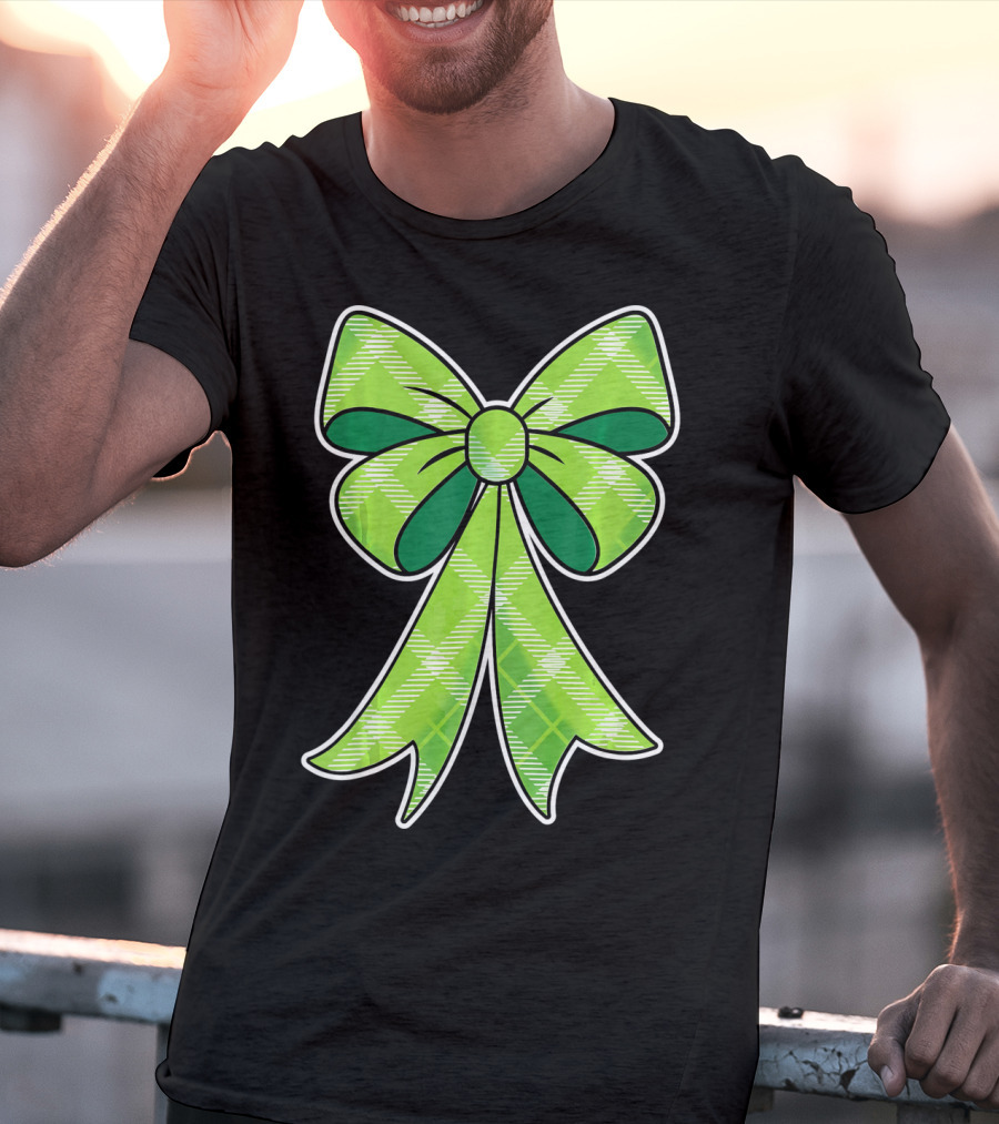 Girls St Patricks Day Green Plaid Bow T-Shirt