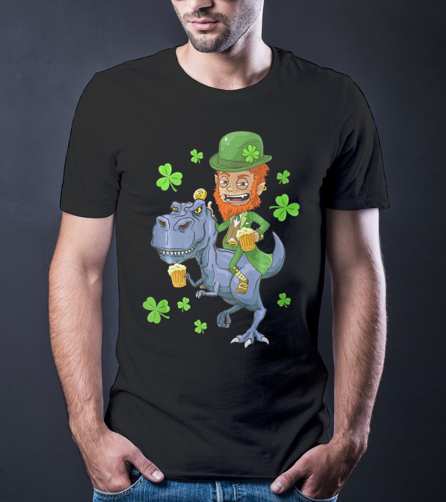 Leprechaun Irish Riding T-Rex Dinosaur With Shamrocks And Beer T-Shirt