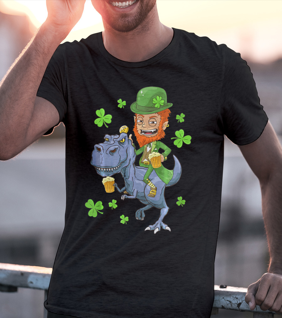 Leprechaun Irish Riding T-Rex Dinosaur With Shamrocks And Beer T-Shirt