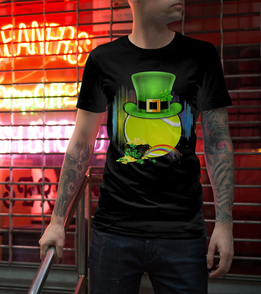 Leprechaun Hat Tennis Ball With Rainbow And Pot Of Gold For Saint Patricks T-Shirt