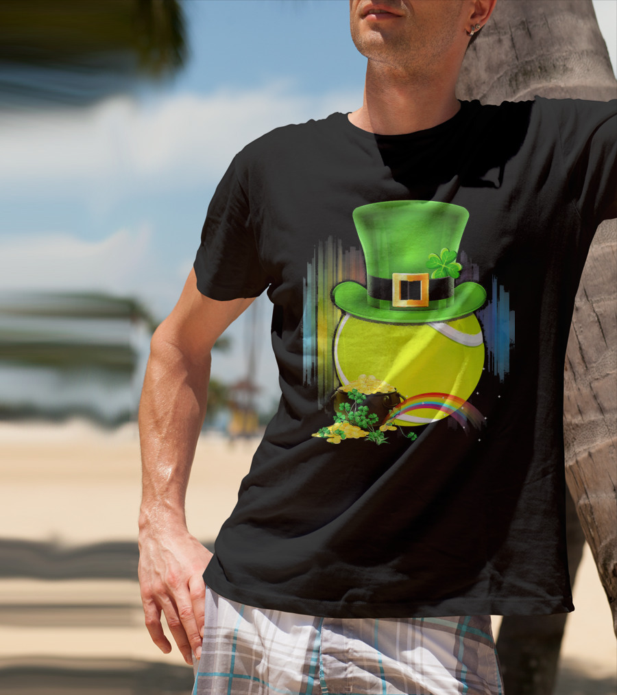 Leprechaun Hat Tennis Ball With Rainbow And Pot Of Gold For Saint Patricks T-Shirt
