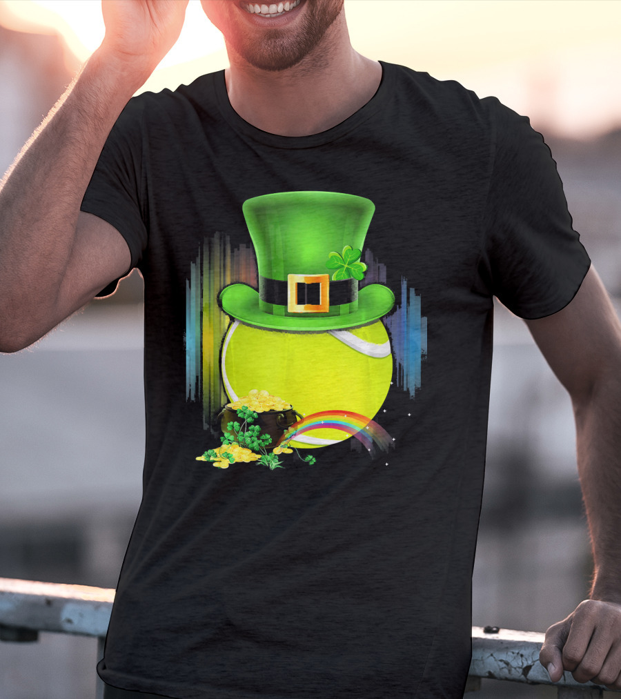 Leprechaun Hat Tennis Ball With Rainbow And Pot Of Gold For Saint Patricks T-Shirt
