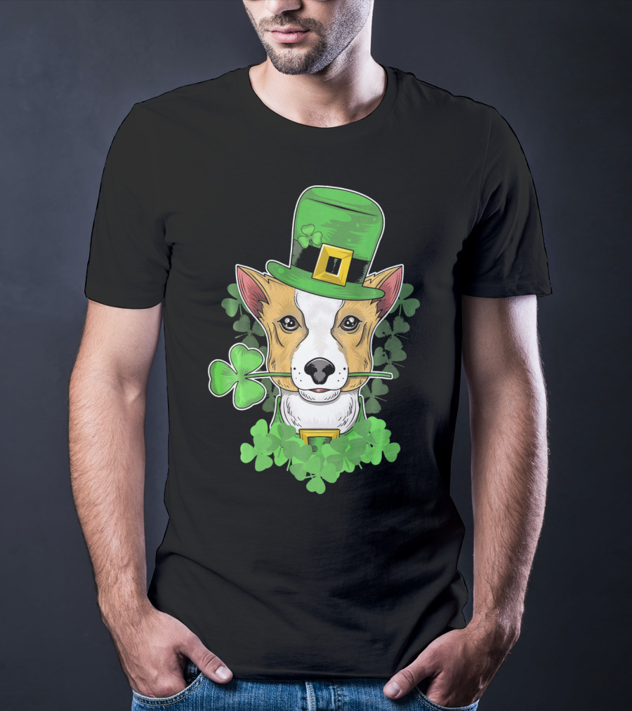 Happy Saint Patricks Day Corgi Wearing Leprechaun Hat And Shamrocks T-Shirt