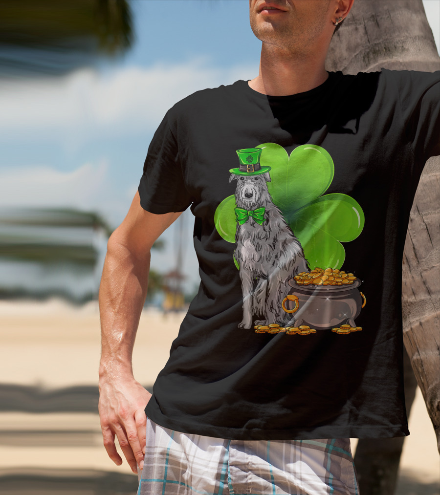 Scottish Deerhound St Patricks Day Leprechaun Hat Pot Of Gold Shamrock T-Shirt