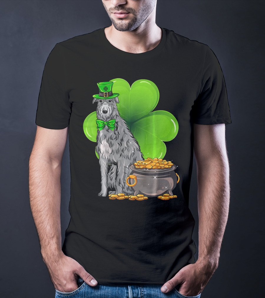 Scottish Deerhound St Patricks Day Leprechaun Hat Pot Of Gold Shamrock T-Shirt