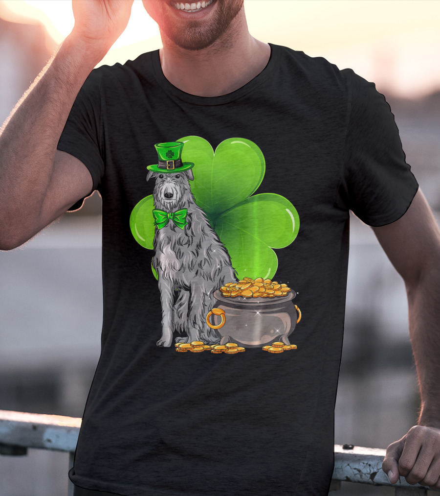Scottish Deerhound St Patricks Day Leprechaun Hat Pot Of Gold Shamrock T-Shirt