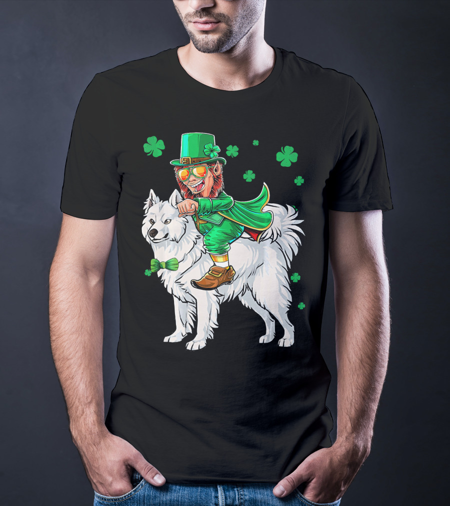 Leprechaun Riding Samoyed With Shamrocks St. Patrick's Day T-Shirt
