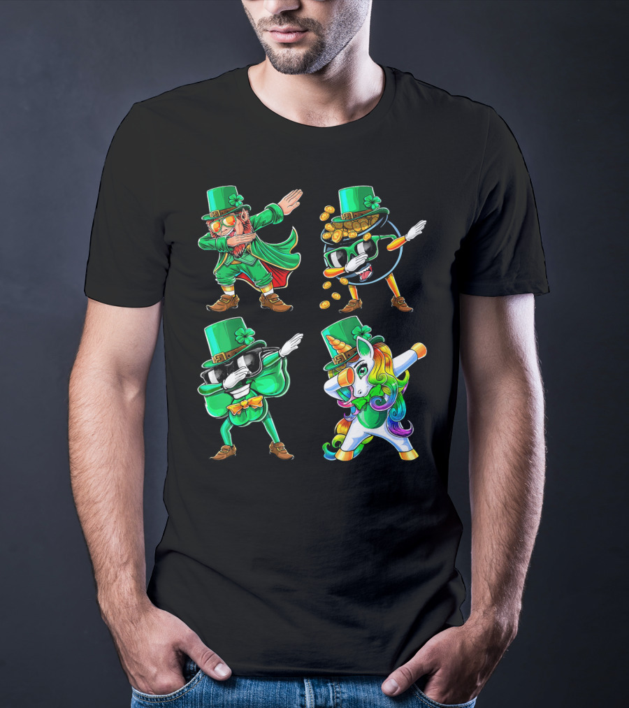 Dabbing Leprechaun Shamrock Unicorn Coin-Throwing Glasses Rabbit T-Shirt