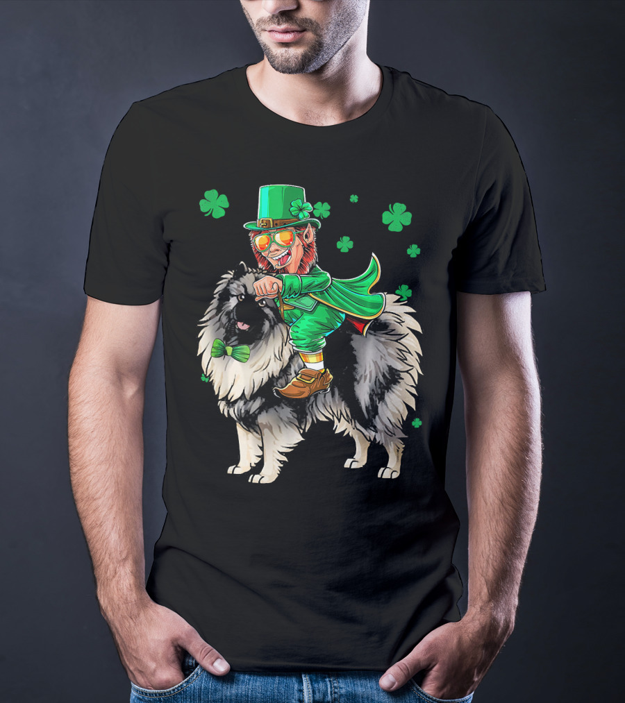 Leprechaun Riding Keeshond With Shamrocks For St. Patrick's Day T-Shirt