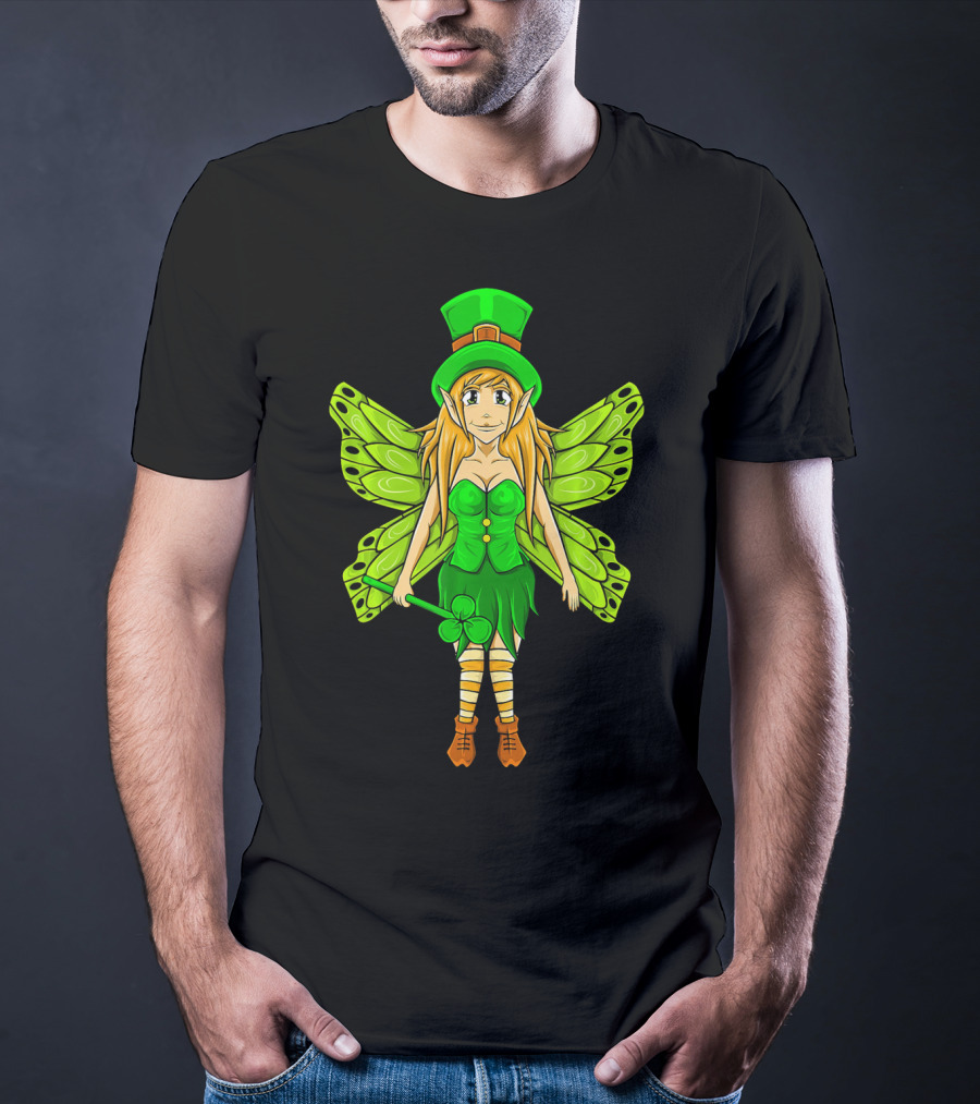 Funny St Patricks Day Leprechaun Fairy Girl With Green Wings And Clover Staff T-Shirt