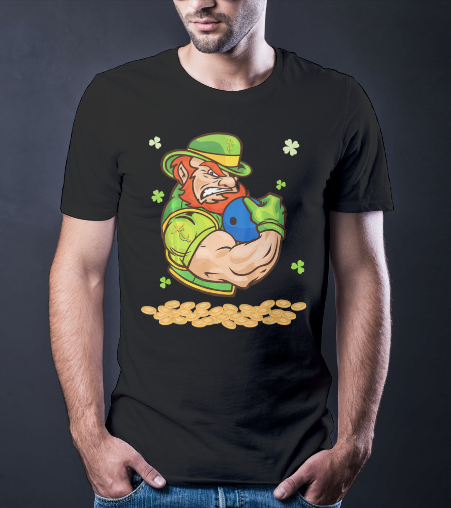 Leprechaun Playing Bowling Around Shamrock Coins And Clover T-Shirt