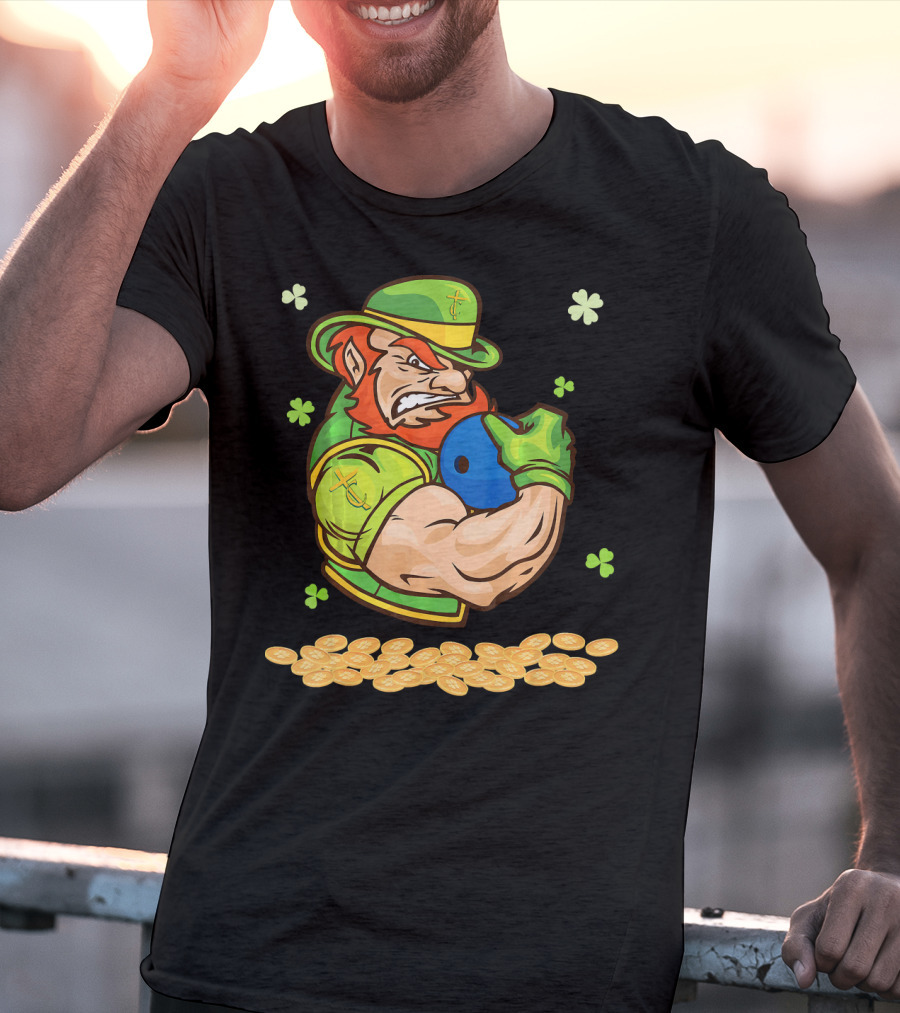 Leprechaun Playing Bowling Around Shamrock Coins And Clover T-Shirt