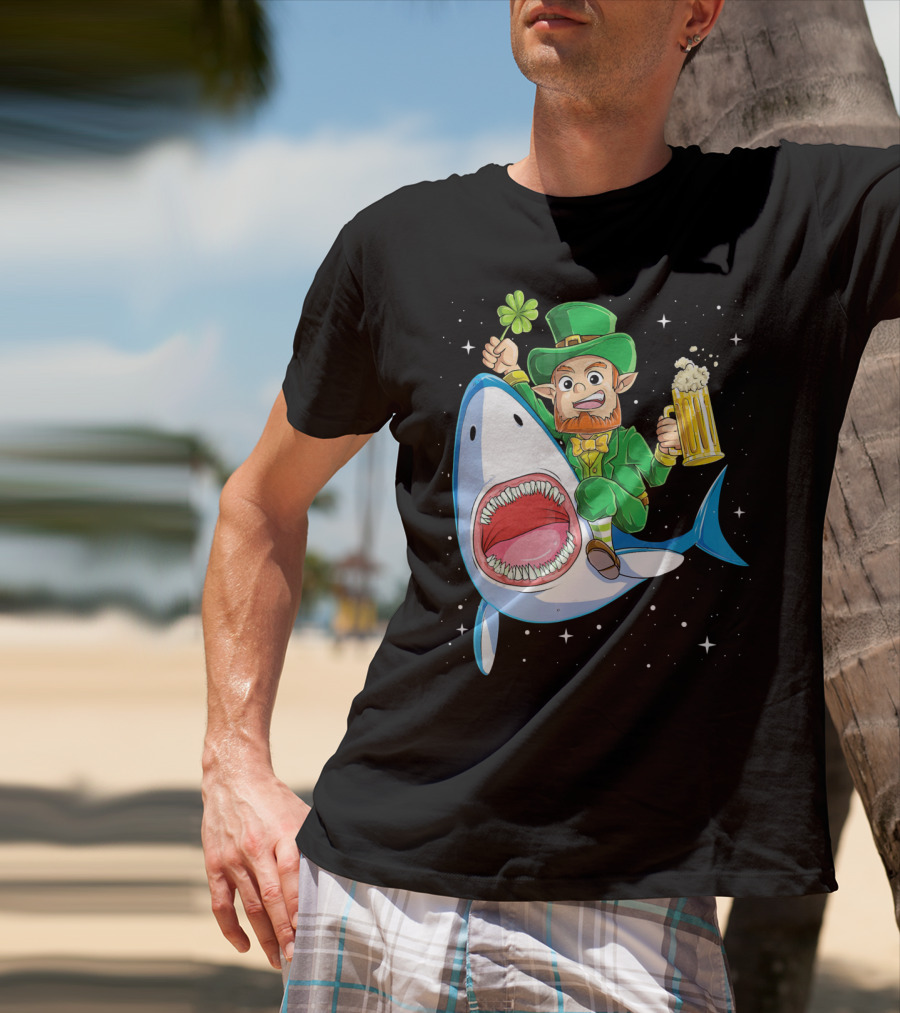St Patricks Day Leprechaun Riding Shark With Beer Stein And Shamrock T-Shirt