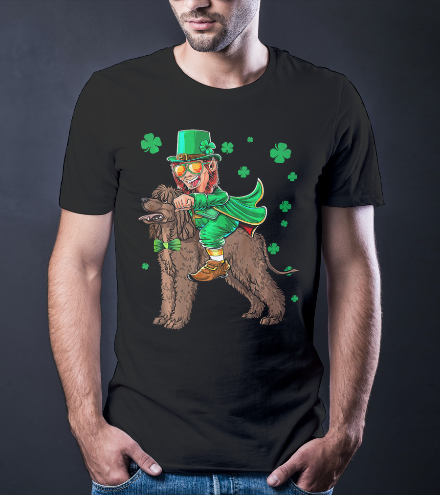 Leprechaun Riding Irish Water Spaniel With Shamrocks T-Shirt