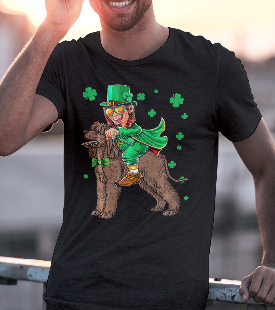 Leprechaun Riding Irish Water Spaniel With Shamrocks T-Shirt