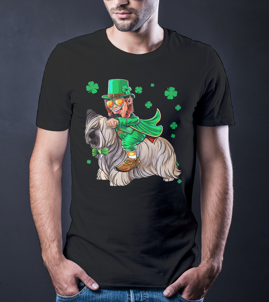 Leprechaun Riding Skye Terrier Shamrocks St. Patrick's Day T-Shirt
