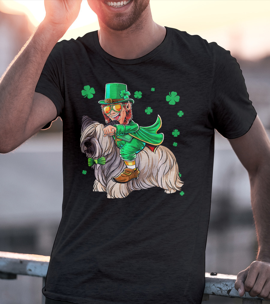 Leprechaun Riding Skye Terrier Shamrocks St. Patrick's Day T-Shirt