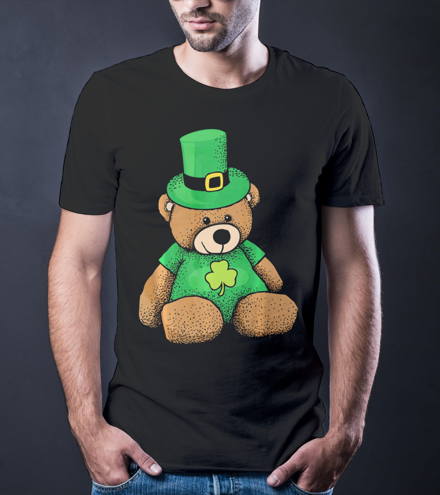 St. Patrick's Day Irish Teddy Bear With Leprechaun Hat And Clover T-Shirt