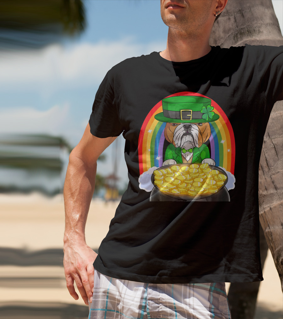 English Bulldog St Patricks Day Leprechaun Pot Of Gold Rainbow T-Shirt