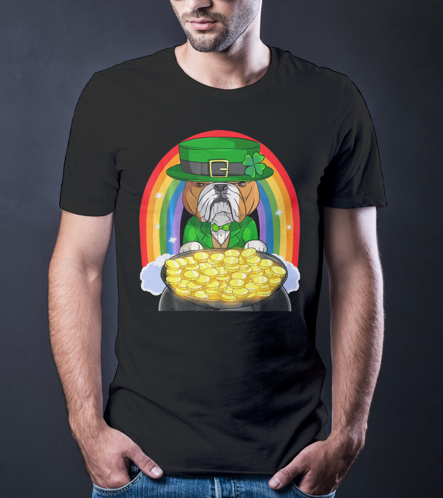 English Bulldog St Patricks Day Leprechaun Pot Of Gold Rainbow T-Shirt