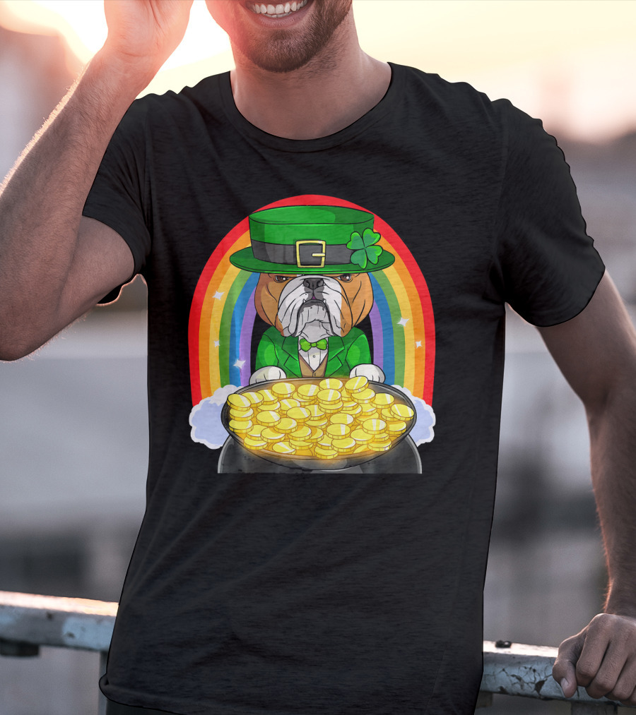 English Bulldog St Patricks Day Leprechaun Pot Of Gold Rainbow T-Shirt