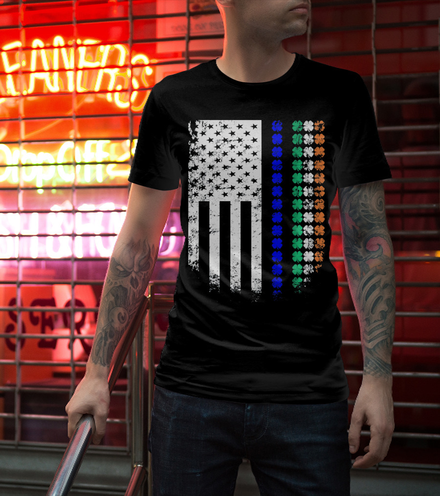 American Flag Irish Police Officer Shamrock Line T-Shirt