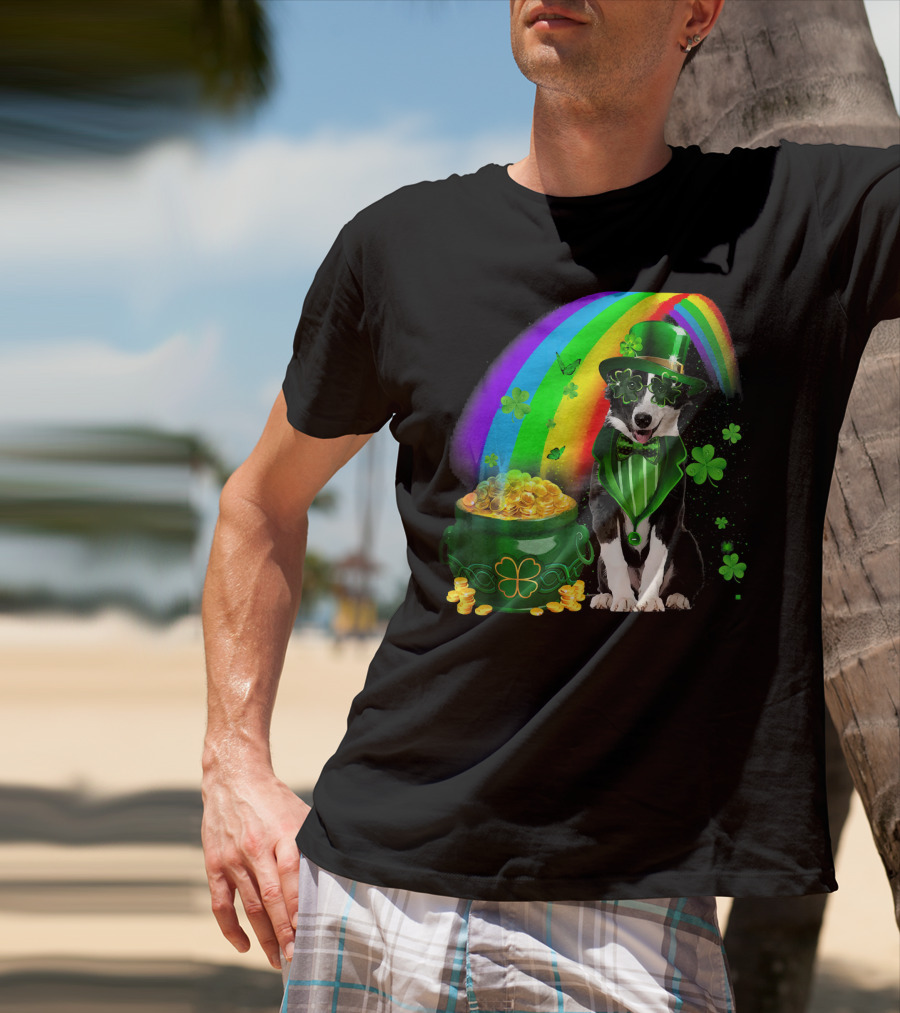 Border Collie Irish Leprechaun With Rainbow And Pot Of Gold Coins T-Shirt
