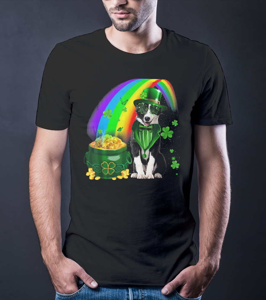 Border Collie Irish Leprechaun With Rainbow And Pot Of Gold Coins T-Shirt