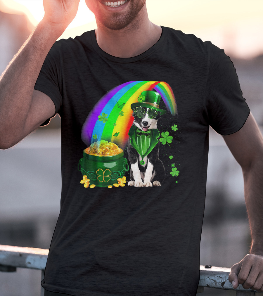Border Collie Irish Leprechaun With Rainbow And Pot Of Gold Coins T-Shirt