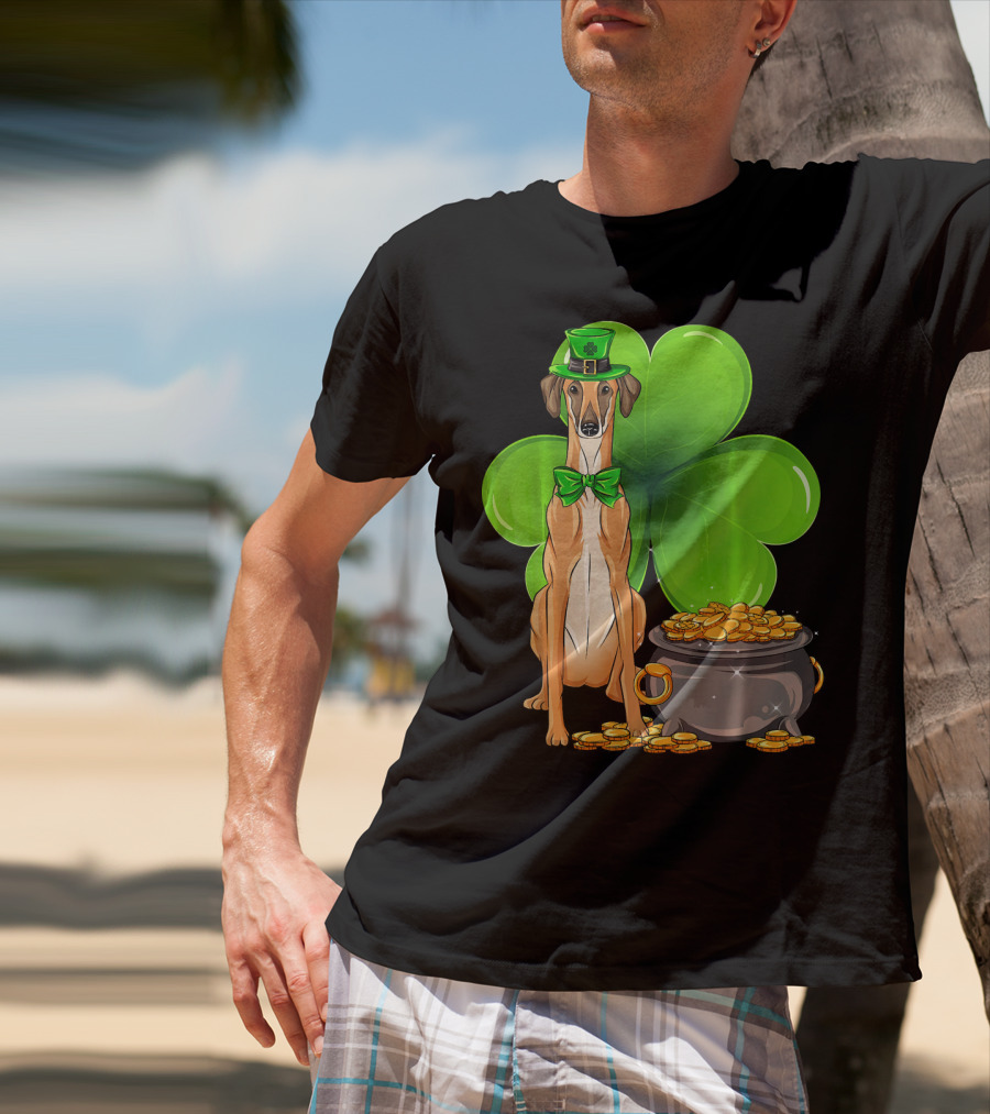 Sloughi Dog With Leprechaun Hat And Clover St Patricks Day Pot Of Gold T-Shirt