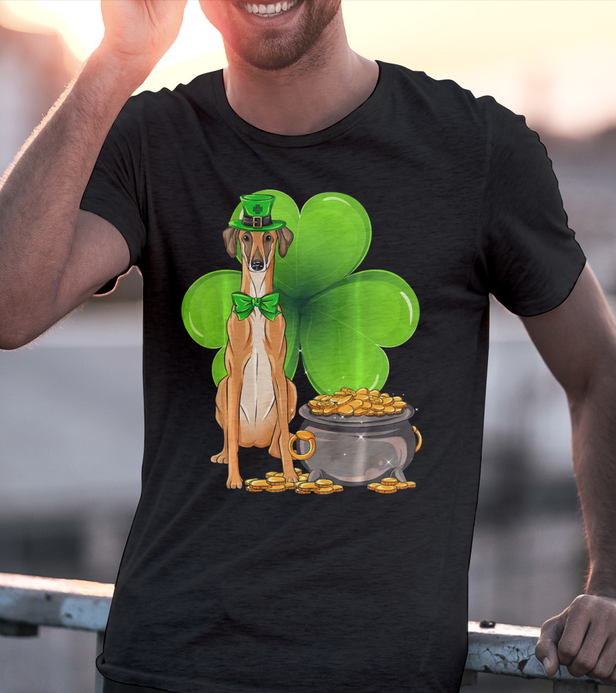 Sloughi Dog With Leprechaun Hat And Clover St Patricks Day Pot Of Gold T-Shirt