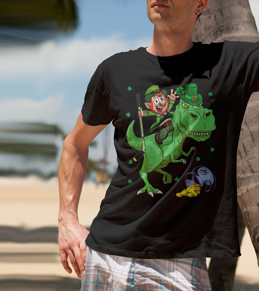 Funny St. Pat Rex Day Leprechaun Riding Dinosaur With Hockey Stick And Gold Coins T-Shirt