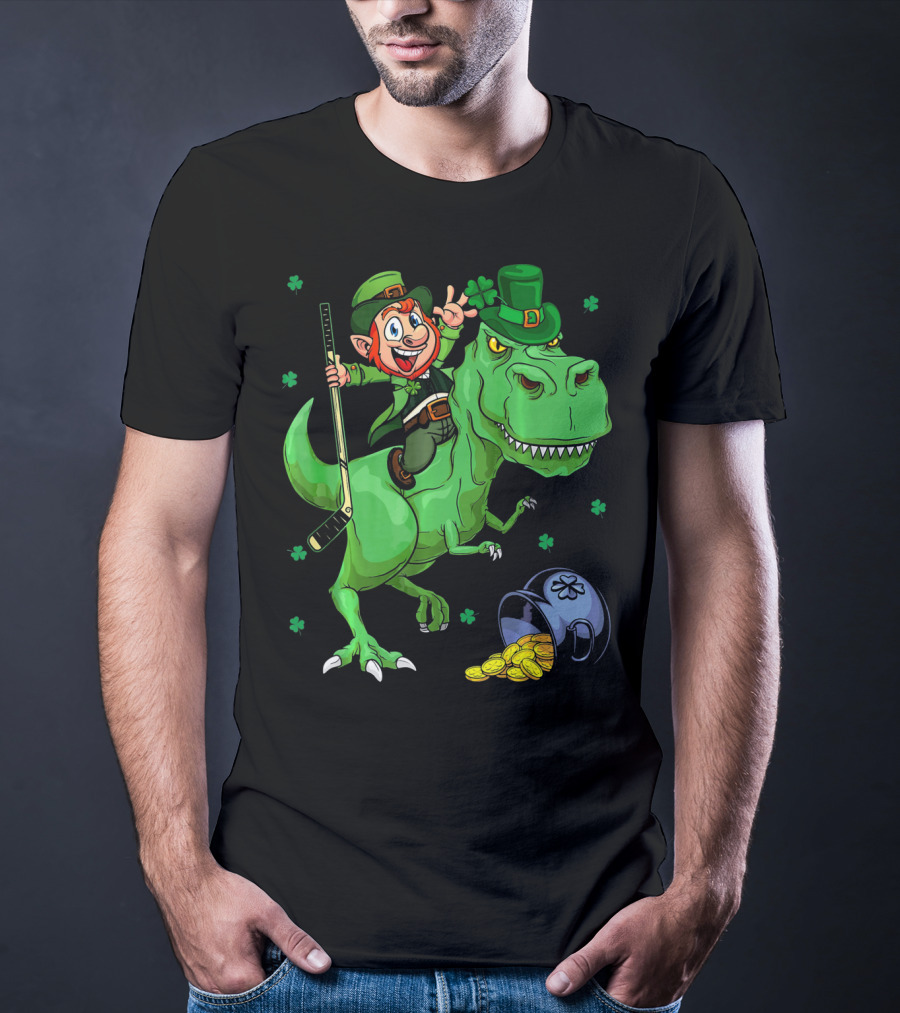 Funny St. Pat Rex Day Leprechaun Riding Dinosaur With Hockey Stick And Gold Coins T-Shirt
