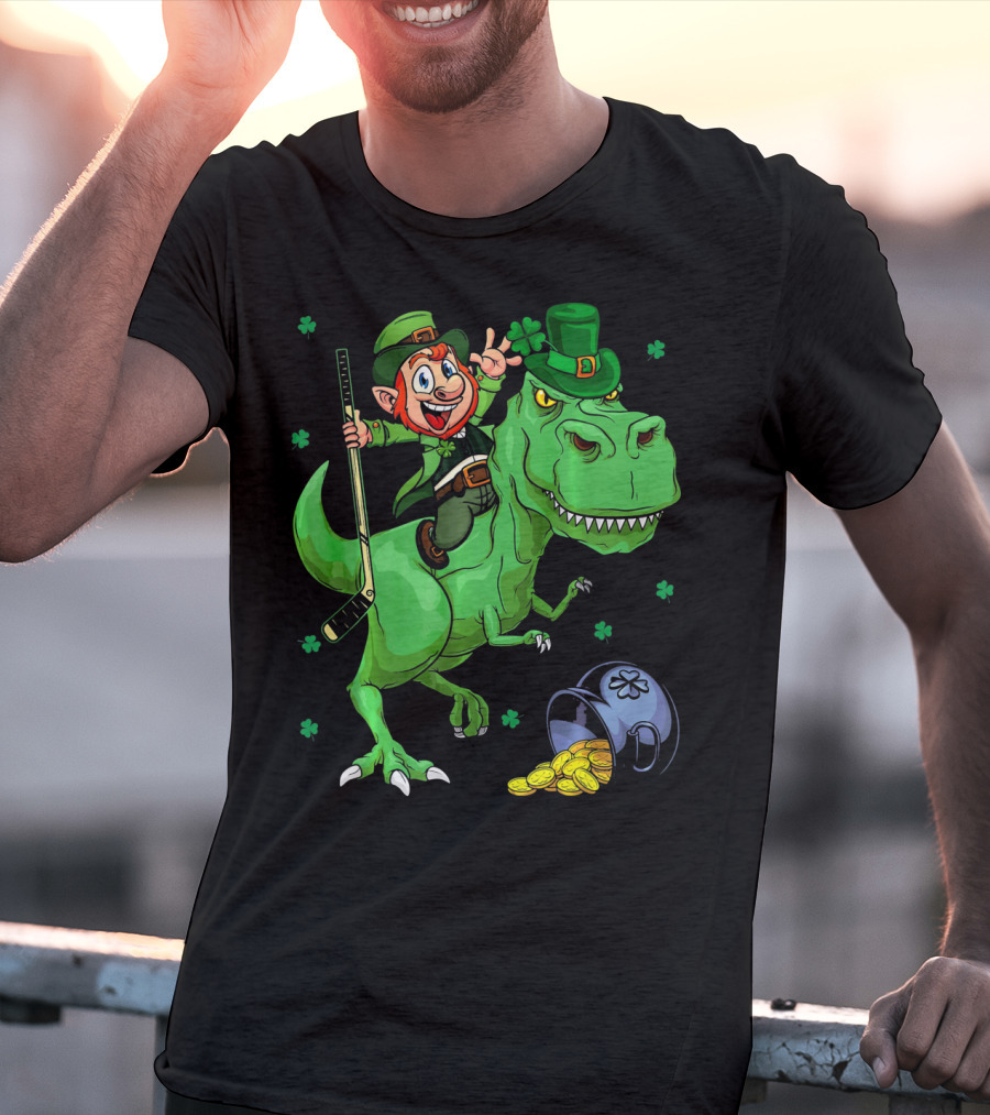 Funny St. Pat Rex Day Leprechaun Riding Dinosaur With Hockey Stick And Gold Coins T-Shirt